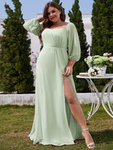 Plus Size Pleated Slit Bridesmaid Dress with Long Sleeves